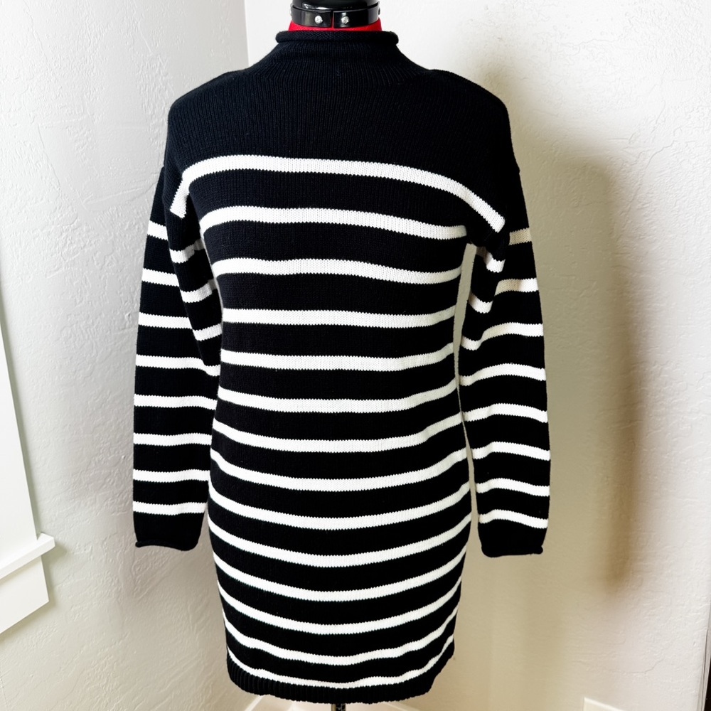 Zara Black White Striped Cotton Mock Neck Long Sleeve Sweater Dress Size M